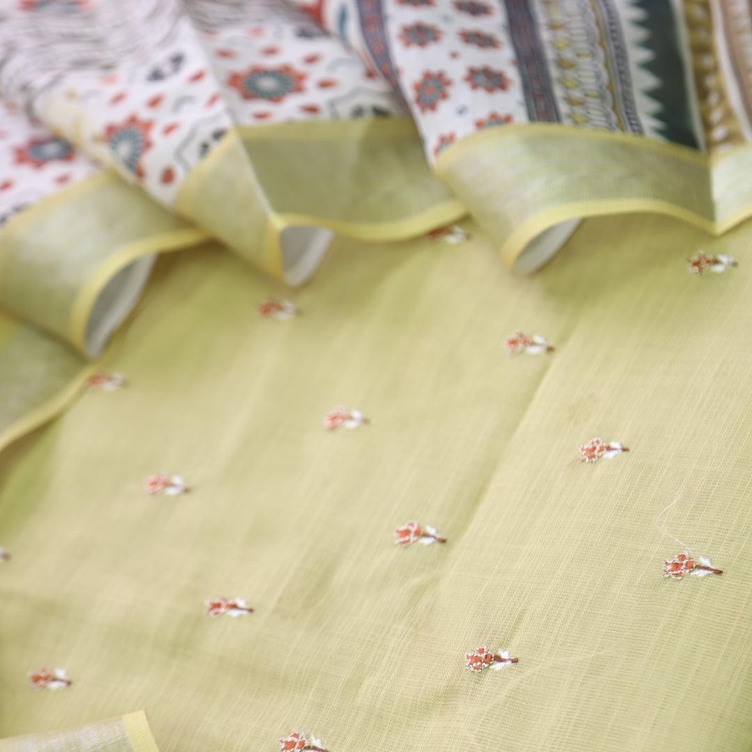 Sadqay Canary Yellow Floral Buti with Zari Work Cotton Linen Suit Set D2