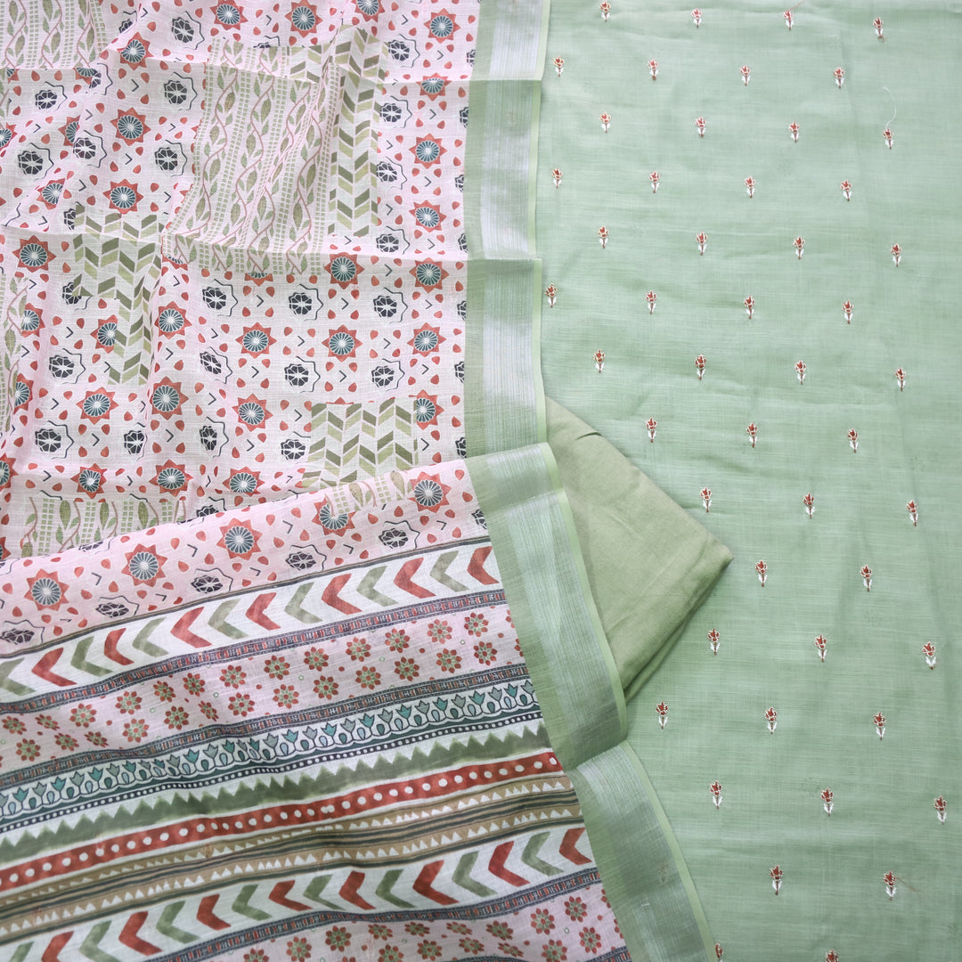 Sadqay Fern Green Floral Buti with Zari Work Cotton Linen Suit Set D2