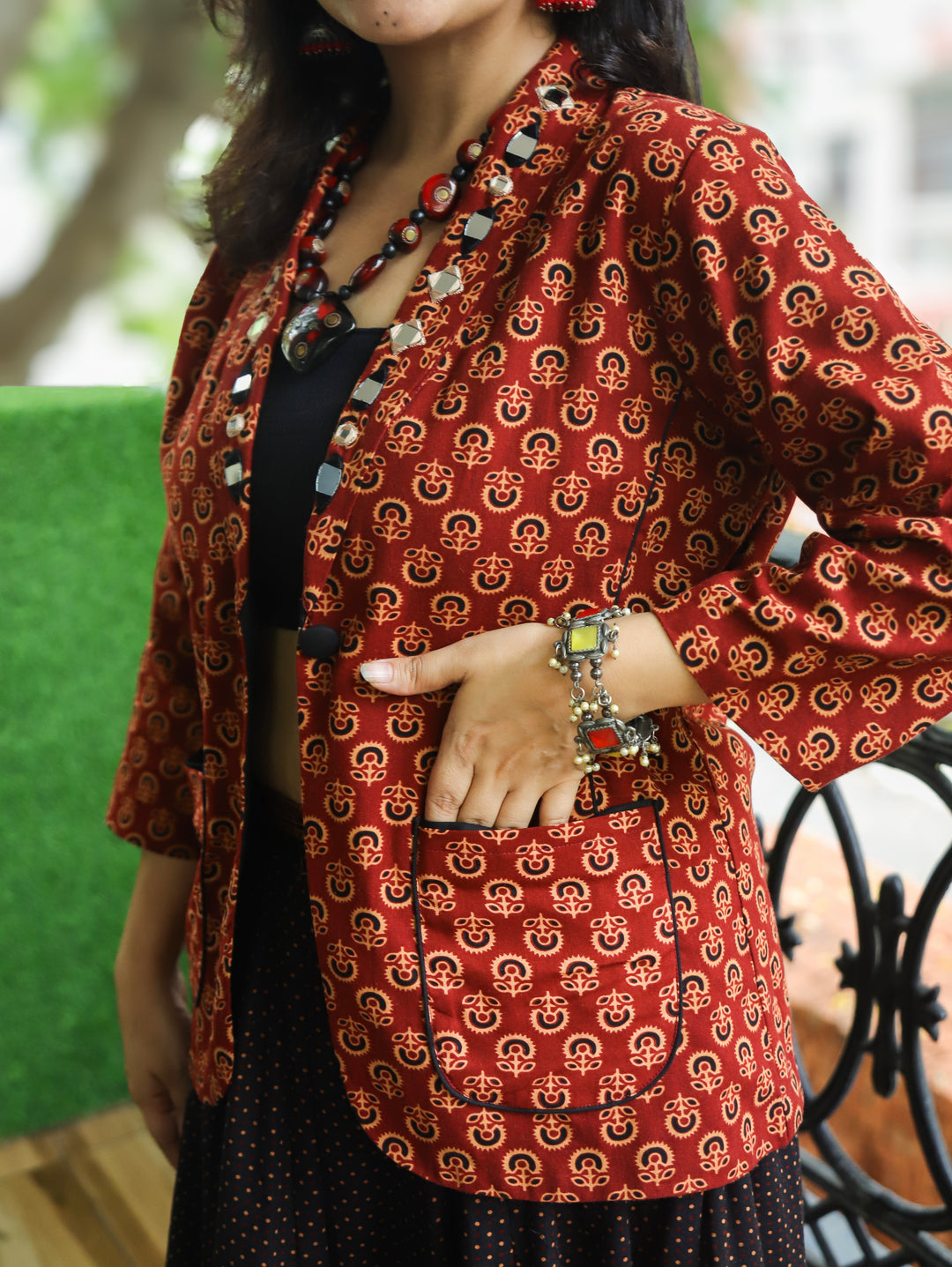 Selena Red Mirror Work Ajrak Print Cotton Blazer