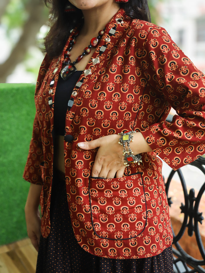 Selena Red Mirror Work Ajrak Print Cotton Blazer