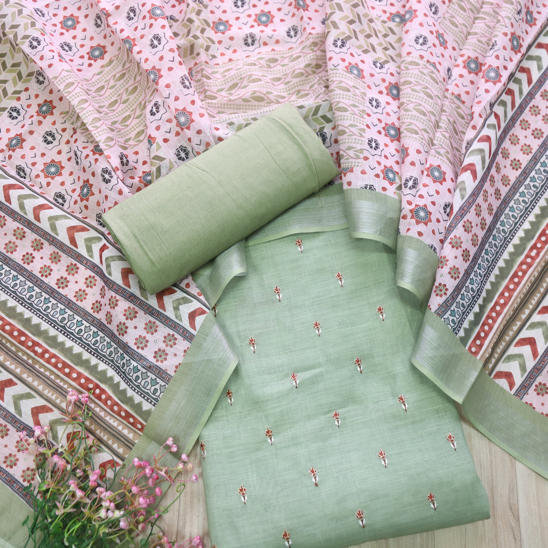 Sadqay Fern Green Floral Buti with Zari Work Cotton Linen Suit Set D2