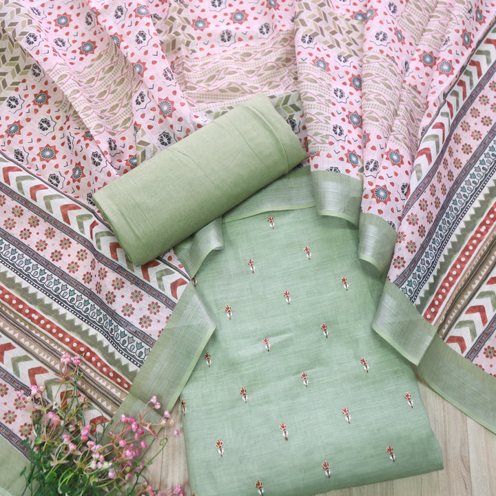 Sadqay Fern Green Floral Buti with Zari Work Cotton Linen Suit Set D2