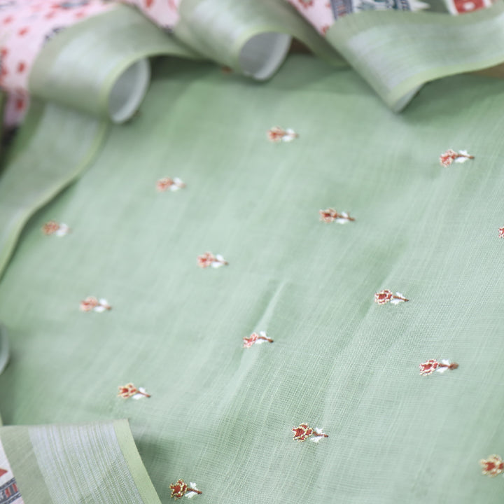 Sadqay Fern Green Floral Buti with Zari Work Cotton Linen Suit Set D2