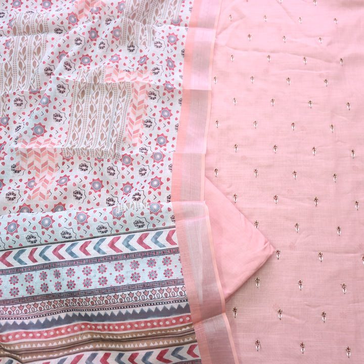 Sadqay Peach Orange Floral Buti with Zari Work Cotton Linen Suit Set D2
