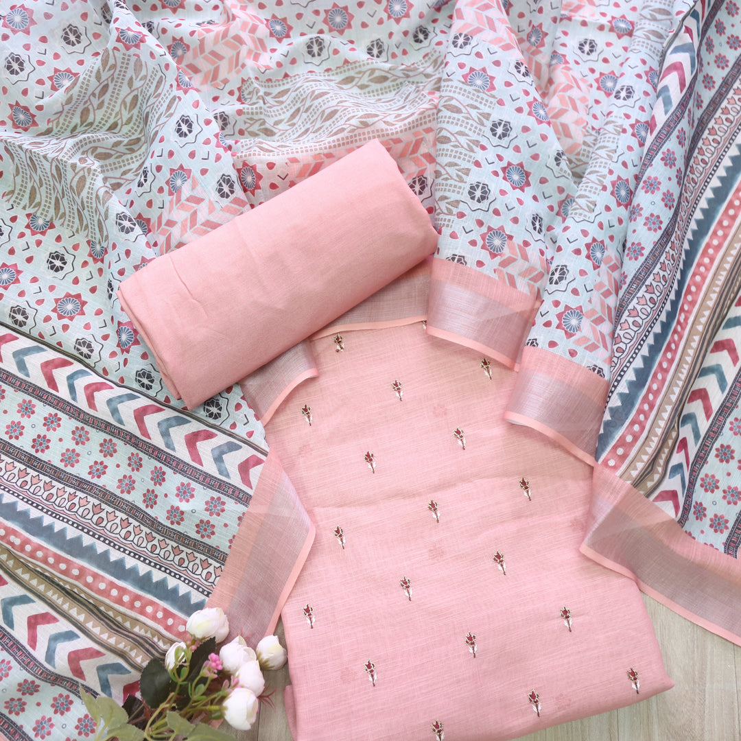 Sadqay Peach Orange Floral Buti with Zari Work Cotton Linen Suit Set D2