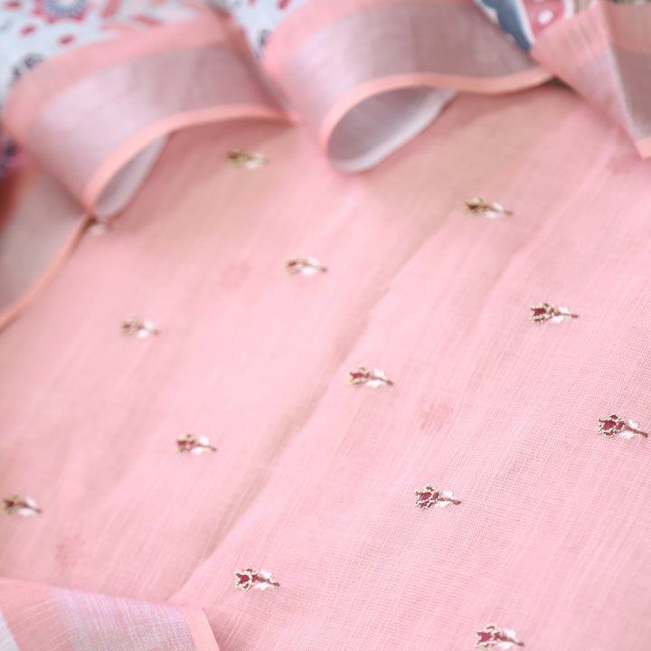 Sadqay Peach Orange Floral Buti with Zari Work Cotton Linen Suit Set D2