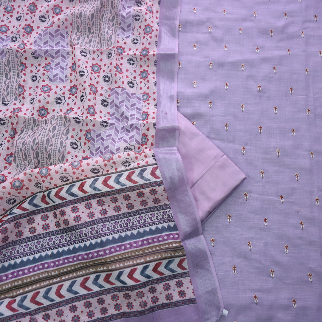 Sadqay Lavender Floral Buti with Zari Work Cotton Linen Suit Set D2