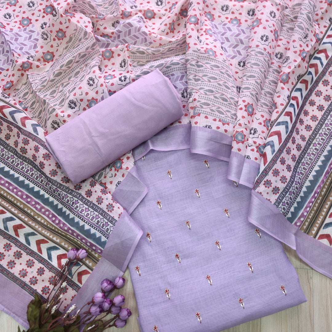 Sadqay Lavender Floral Buti with Zari Work Cotton Linen Suit Set D2