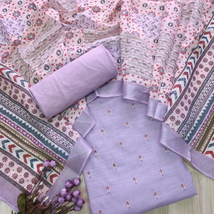 Sadqay Lavender Floral Buti with Zari Work Cotton Linen Suit Set D2