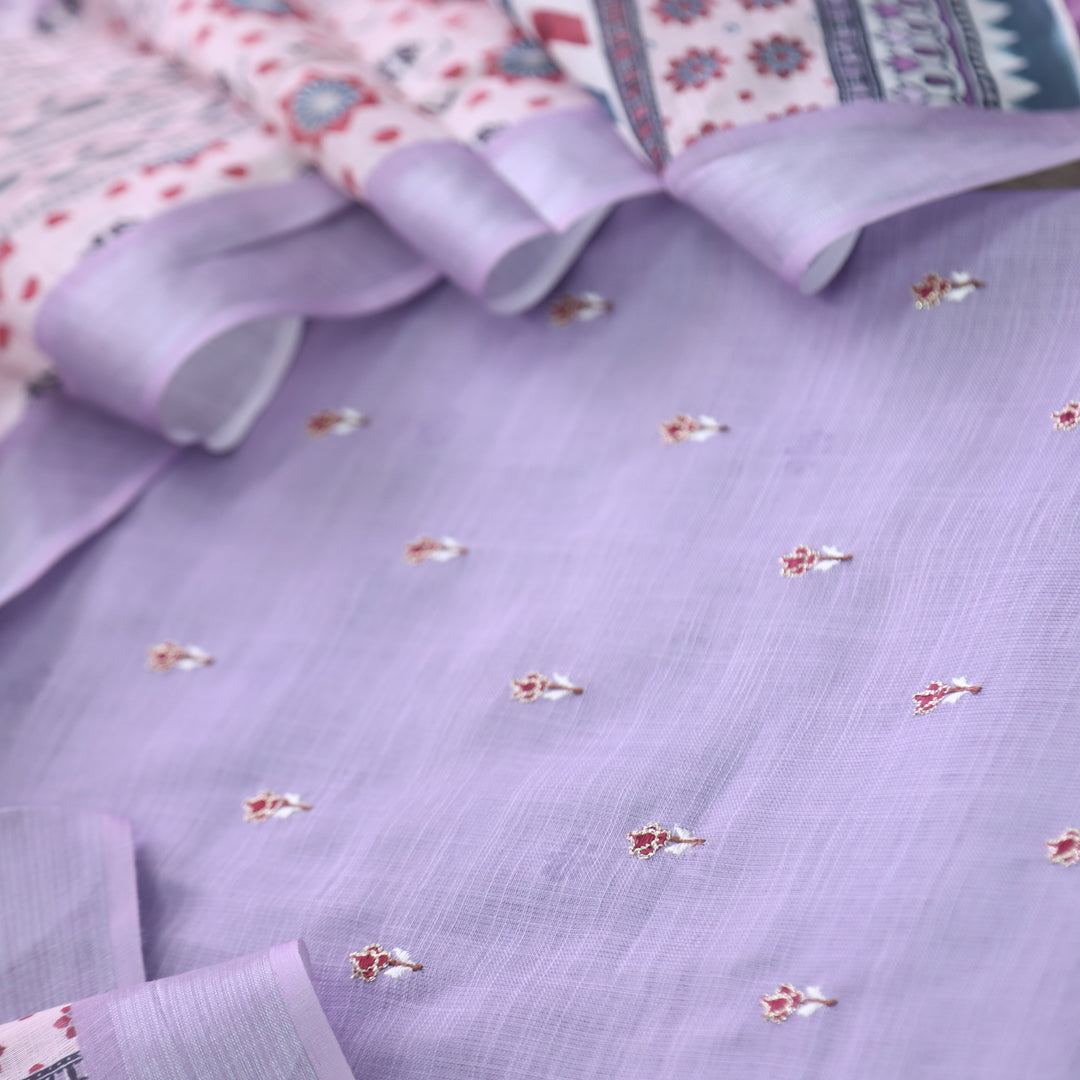Sadqay Lavender Floral Buti with Zari Work Cotton Linen Suit Set D2