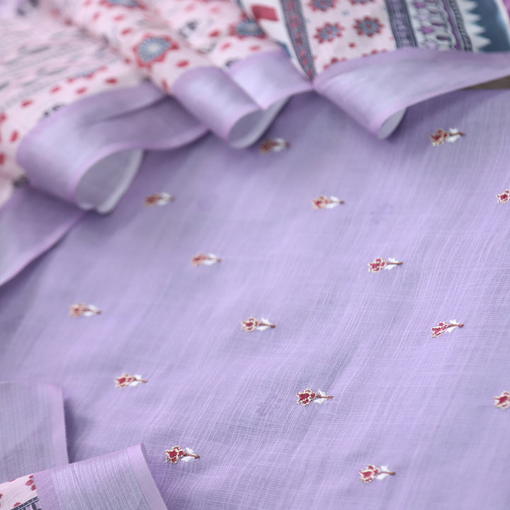 Sadqay Lavender Floral Buti with Zari Work Cotton Linen Suit Set D2