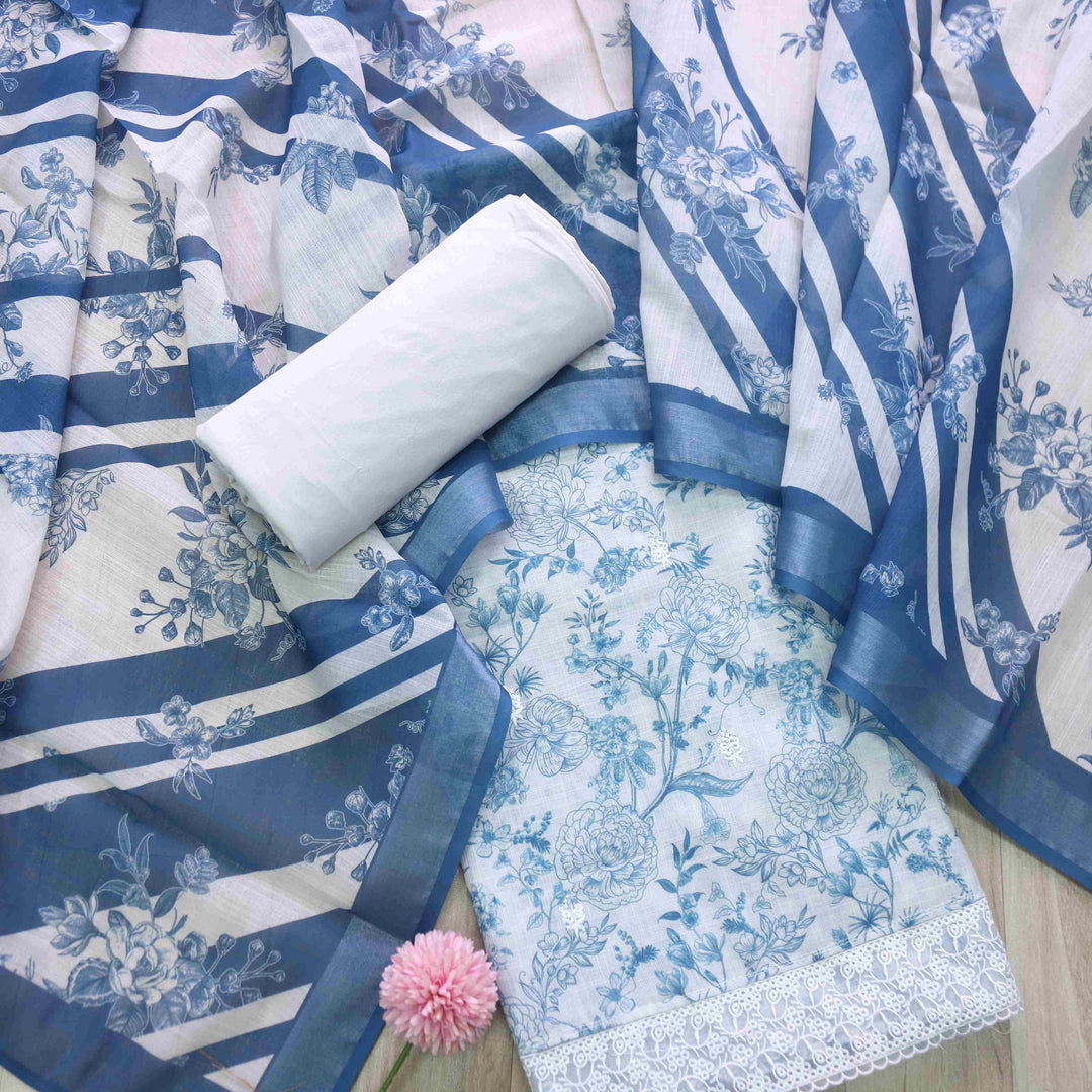 Sahiba White with Blue Floral Digital Printed Cotton Linen Suit Set