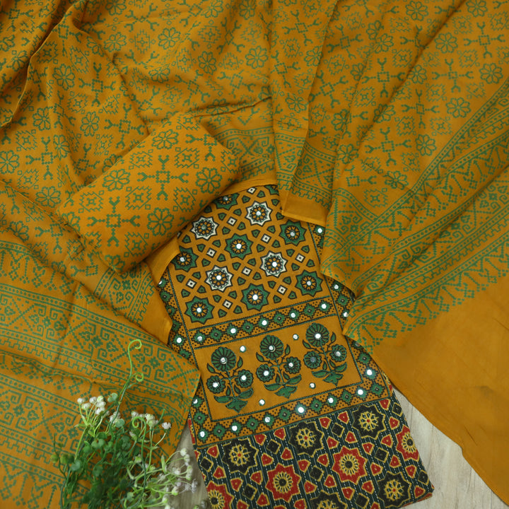 Noor Pickle Green Ajrak Patch with Mirror Work Cotton Suit Set