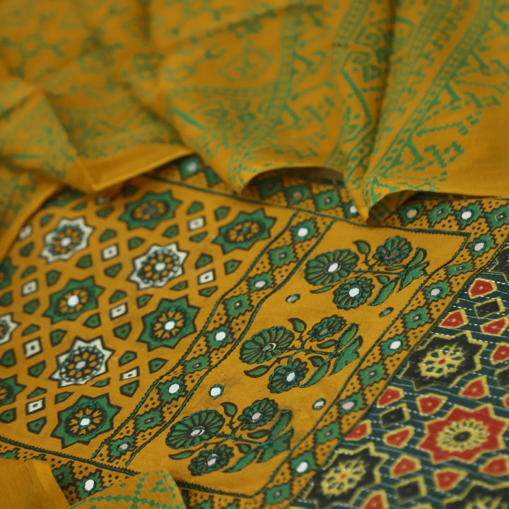 Noor Pickle Green Ajrak Patch with Mirror Work Cotton Suit Set