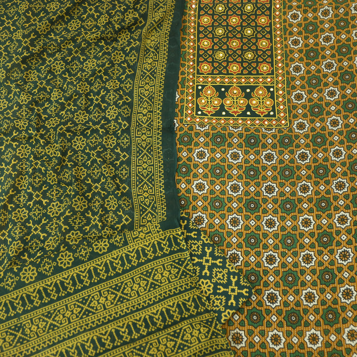 Noor Mustard Yellow Ajrak Patch with Mirror Work Cotton Suit Set
