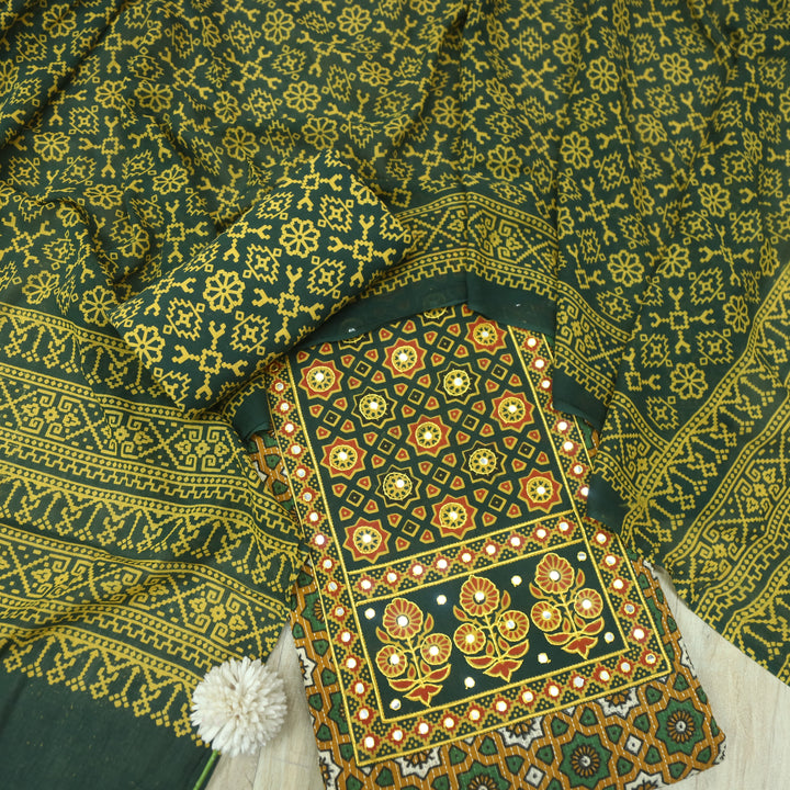 Noor Mustard Yellow Ajrak Patch with Mirror Work Cotton Suit Set
