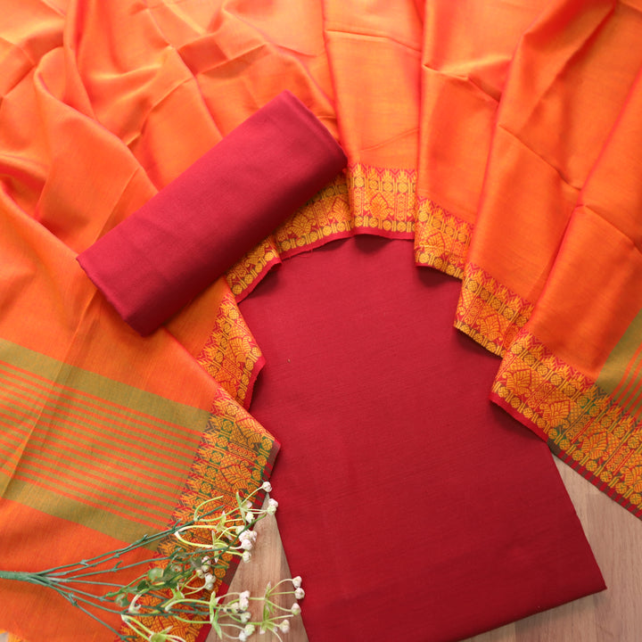 Subhvari Berry Red Top with Mangalgiri Hem Dupatta South Cotton Set