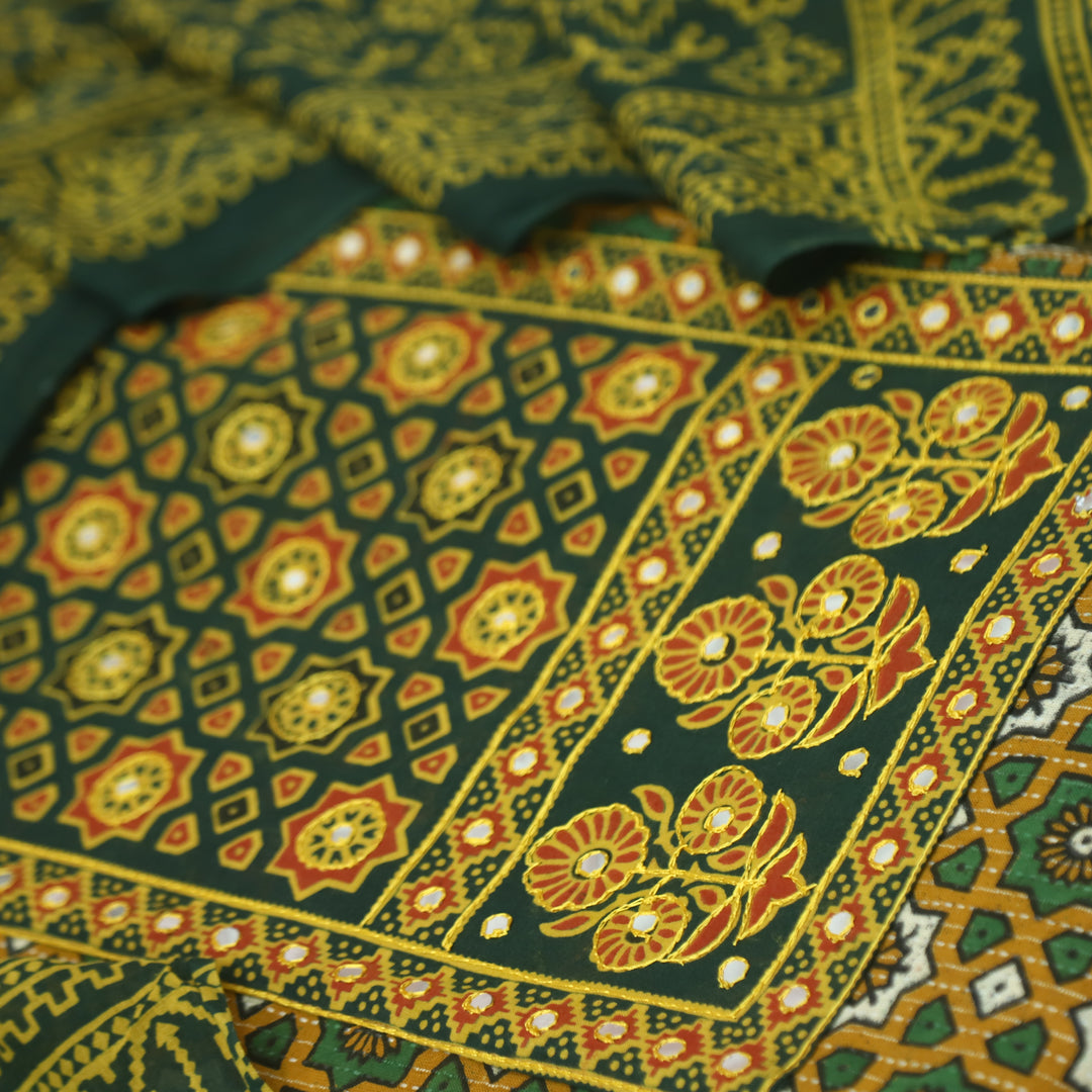 Noor Mustard Yellow Ajrak Patch with Mirror Work Cotton Suit Set