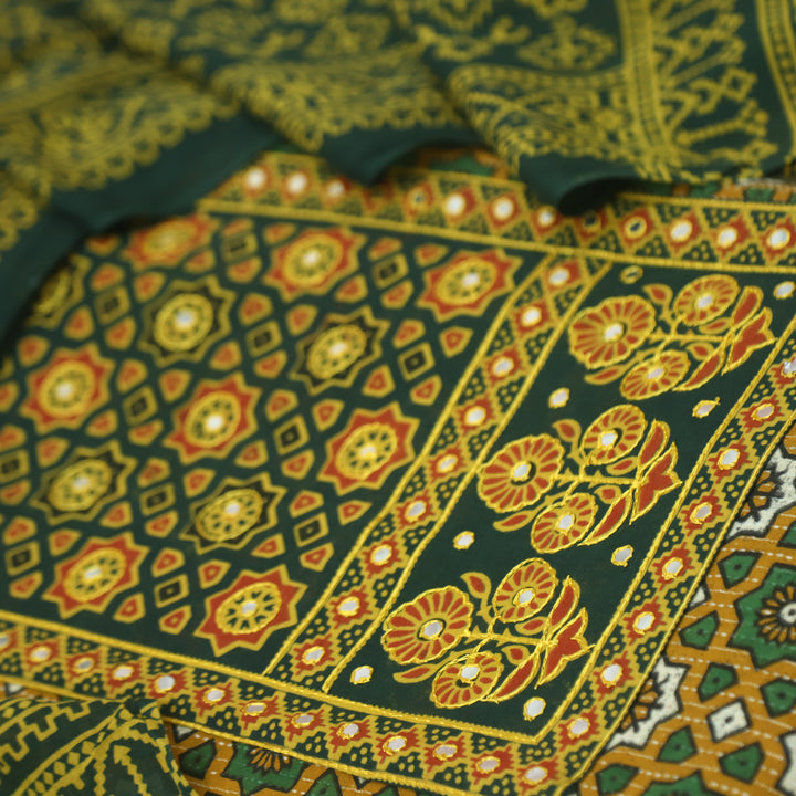 Noor Mustard Yellow Ajrak Patch with Mirror Work Cotton Suit Set