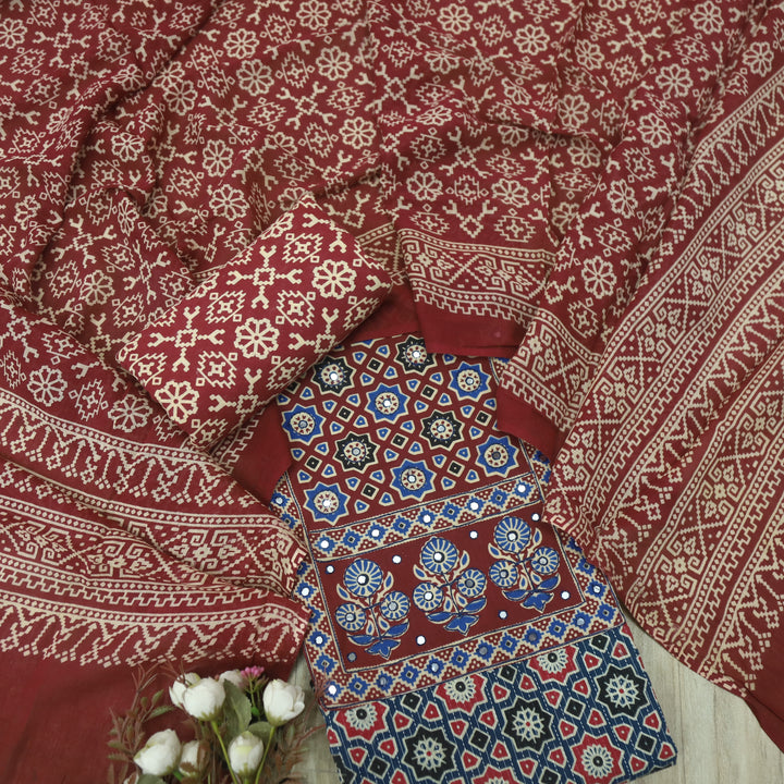 Noor Spruce Blue Ajrak Patch with Mirror Work Cotton Suit Set