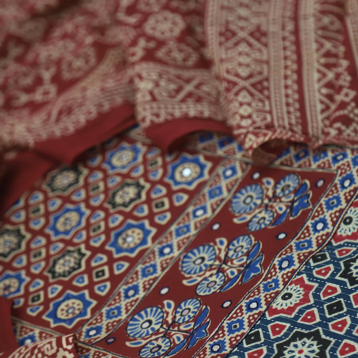 Noor Spruce Blue Ajrak Patch with Mirror Work Cotton Suit Set
