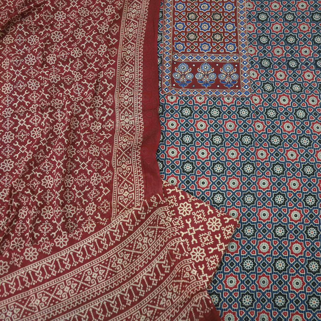 Noor Spruce Blue Ajrak Patch with Mirror Work Cotton Suit Set