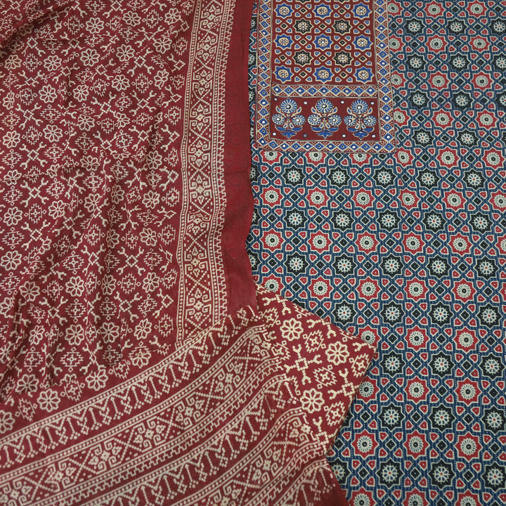 Noor Spruce Blue Ajrak Patch with Mirror Work Cotton Suit Set