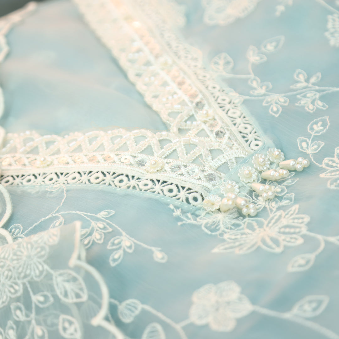Julia Powder Blue Thread Embroidered with Kardana Chinon Set