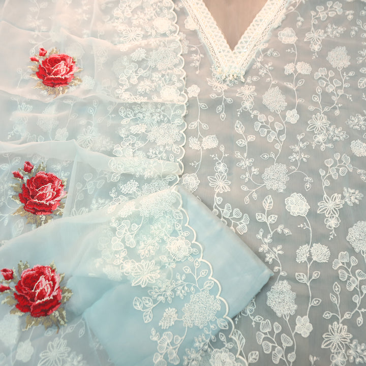 Julia Powder Blue Thread Embroidered with Kardana Chinon Set