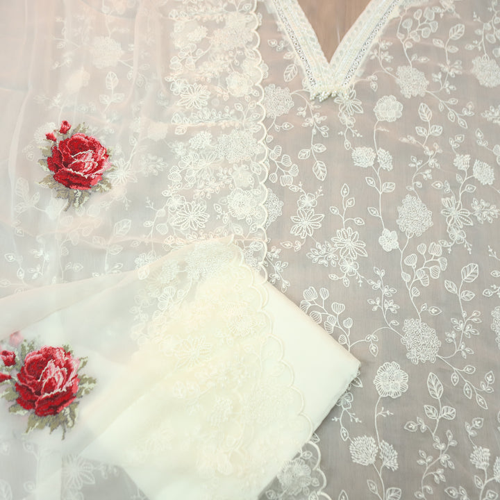 Julia Pearl White Thread Embroidered with Kardana Chinon Set