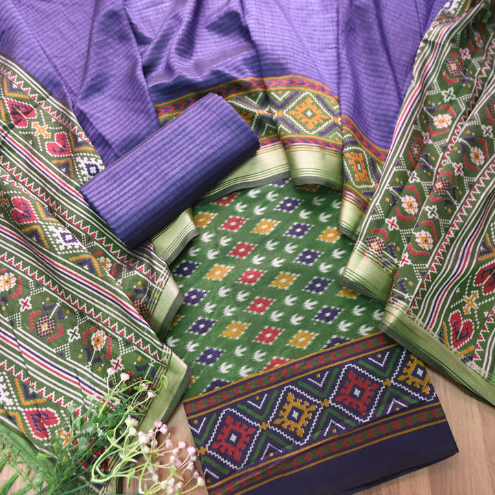 Rua Pine Green Patola Shadow Printed Work Muslin Silk Set