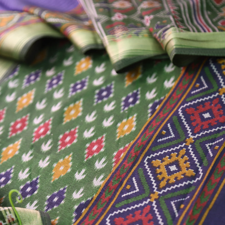 Rua Pine Green Patola Shadow Printed Work Muslin Silk Set