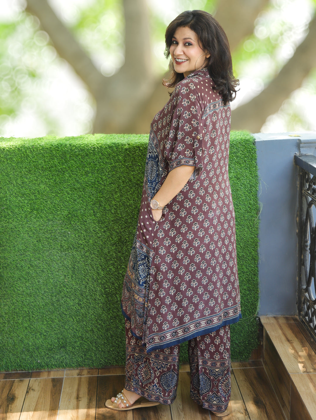 Shifali Brown Ajrakh Printed Pure Natural Crepe Co-ord Set