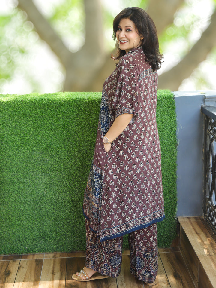 Shifali Brown Ajrakh Printed Pure Natural Crepe Co-ord Set