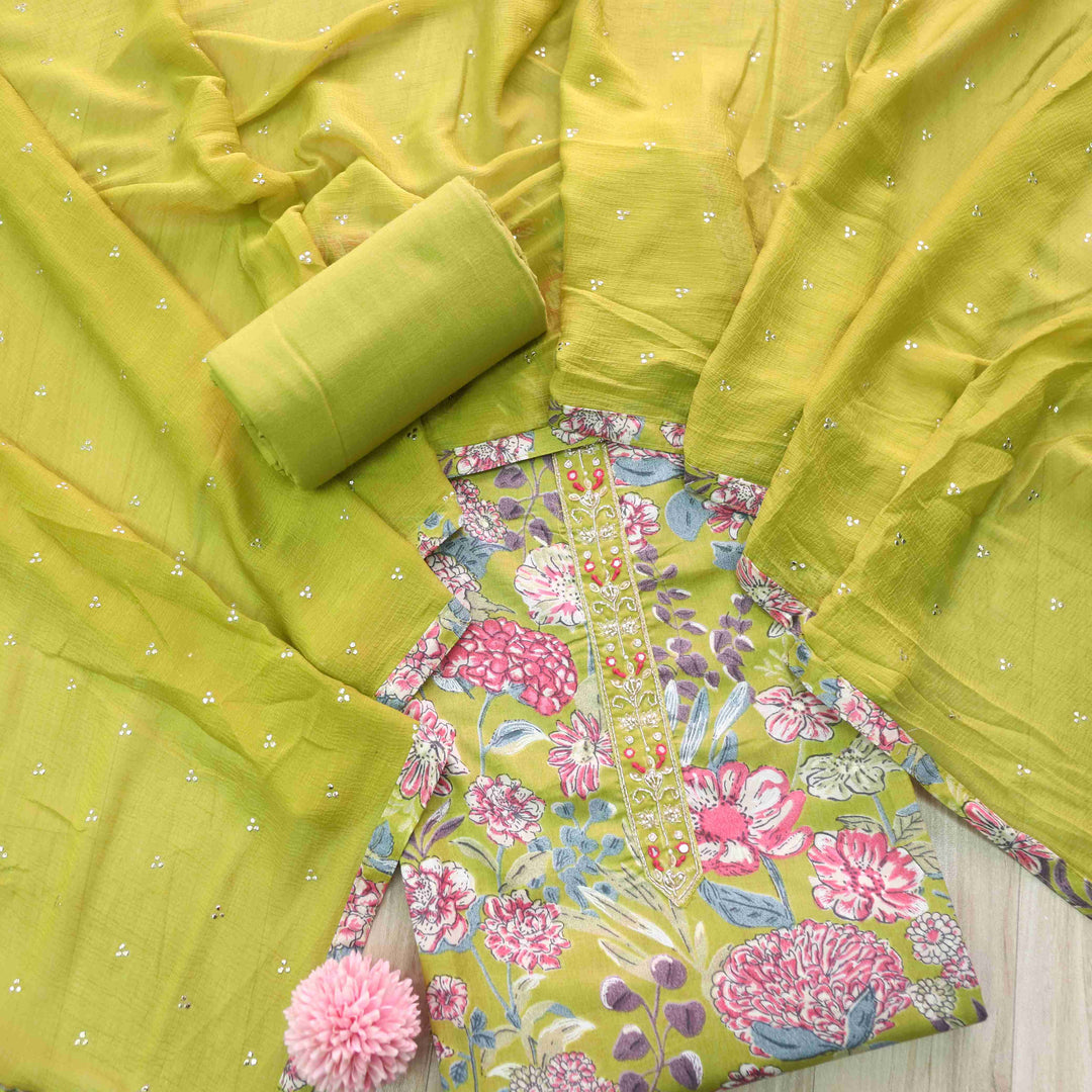 Guzaarish Parrot Green Patch Work Neck Floral Printed Cotton Suit Set