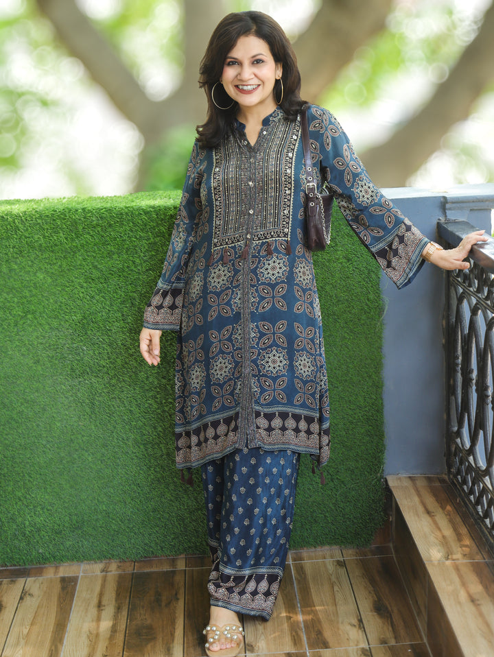 Shifali Blue Ajrakh Printed Pure Natural Crepe Co-ord Set