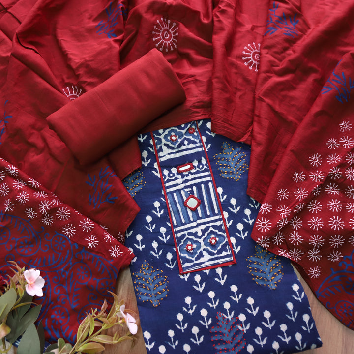 Bhanushi Indigo Blue  Kutch Mirror Dabu Printed Cotton Suit Set D1