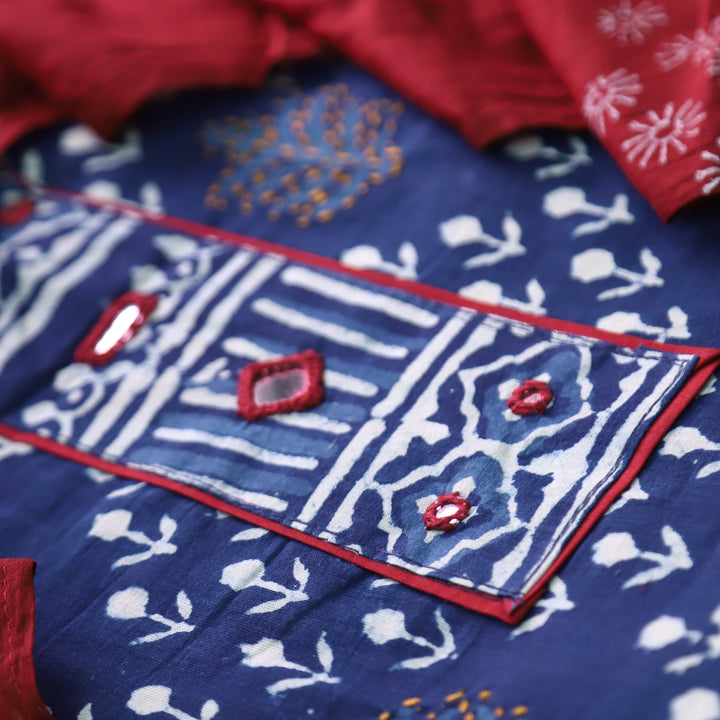 Bhanushi Indigo Blue  Kutch Mirror Dabu Printed Cotton Suit Set D1