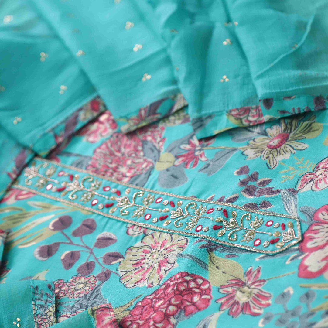 Guzaarish Aqua Blue Patch Work Neck Floral Printed Cotton Suit Set