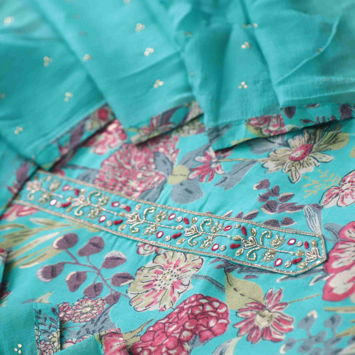 Guzaarish Aqua Blue Patch Work Neck Floral Printed Cotton Suit Set
