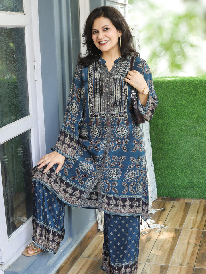 Shifali Blue Ajrakh Printed Pure Natural Crepe Co-ord Set
