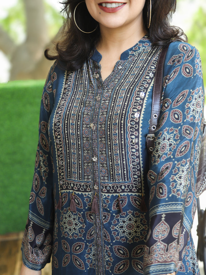 Shifali Blue Ajrakh Printed Pure Natural Crepe Co-ord Set