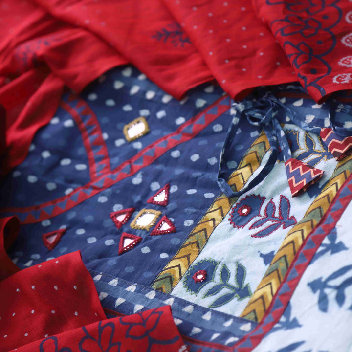 Nazara Indigo Blue Kutch Mirror Work Angrakha Dabu Printed Cotton Suit Set-D1