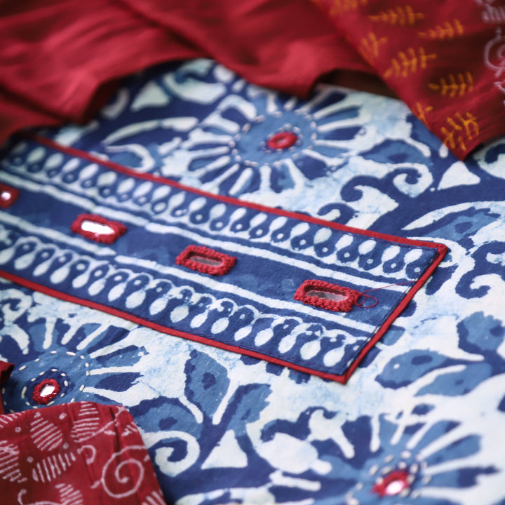 Bhanushi Indigo Blue  Kutch Mirror Dabu Printed Cotton Suit Set D2