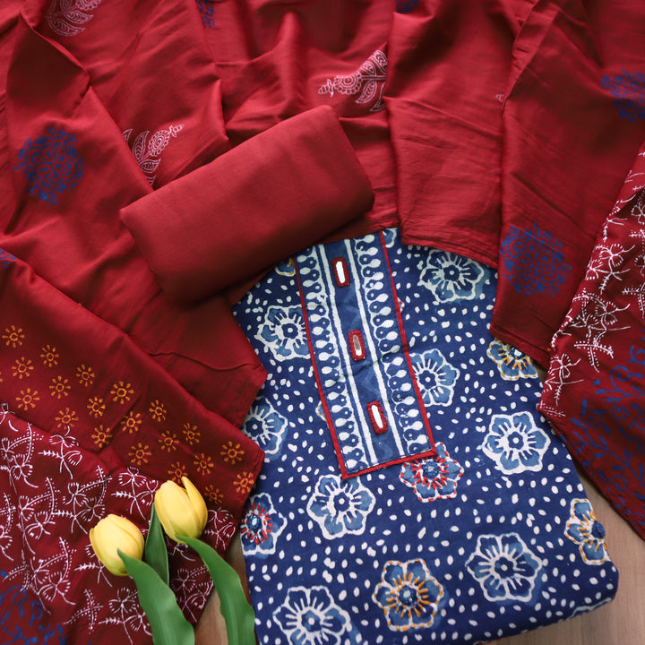Bhanushi Indigo Blue  Kutch Mirror Dabu Printed Cotton Suit Set D3