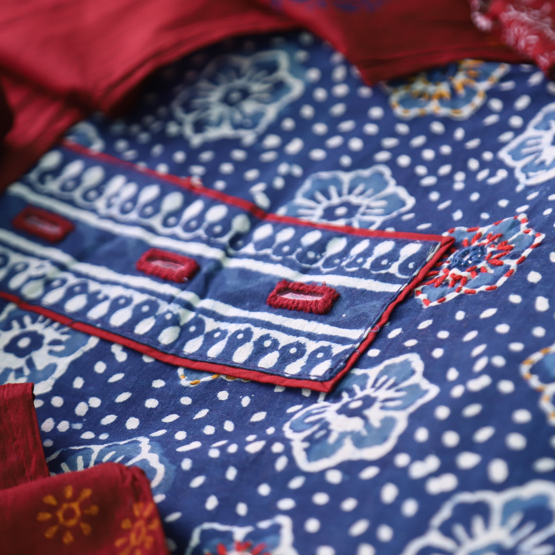 Bhanushi Indigo Blue  Kutch Mirror Dabu Printed Cotton Suit Set D3