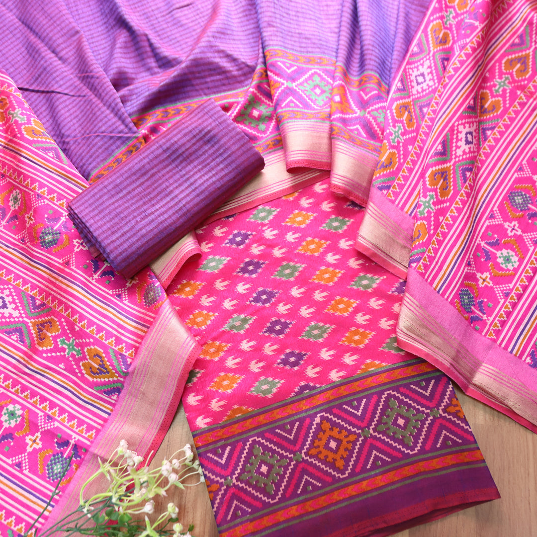 Rua Magenta Pink Patola Shadow Printed Work Muslin Silk Set
