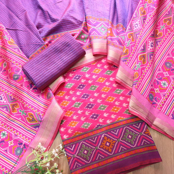 Rua Magenta Pink Patola Shadow Printed Work Muslin Silk Set