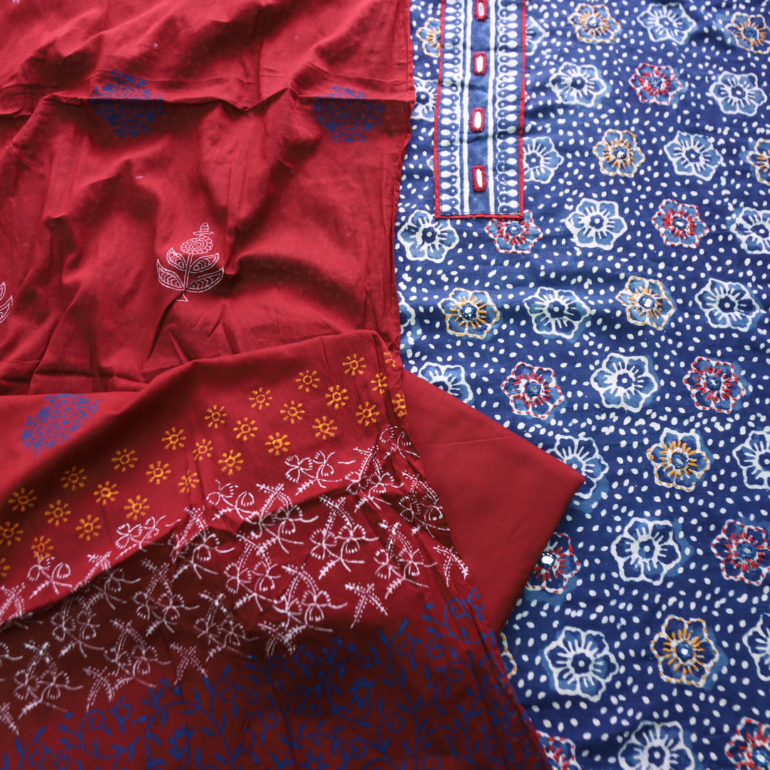 Bhanushi Indigo Blue  Kutch Mirror Dabu Printed Cotton Suit Set D3