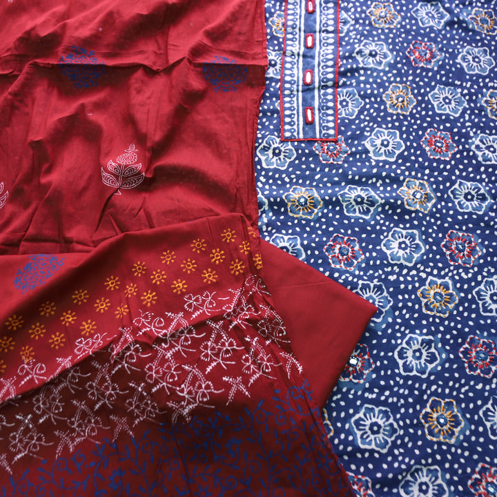 Bhanushi Indigo Blue  Kutch Mirror Dabu Printed Cotton Suit Set D3